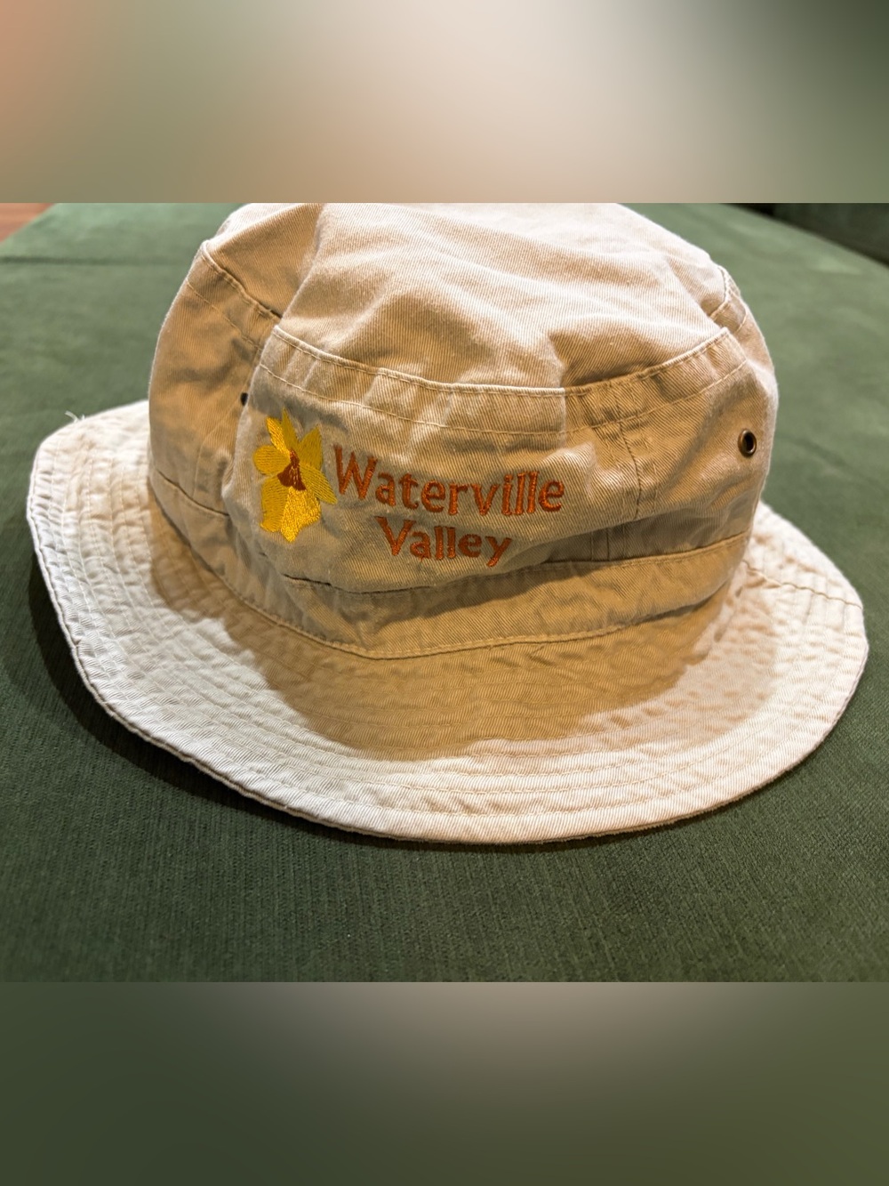 Waterville Valley Embroidered Beige Bucket Hat | Cotton Sun Hat | Adult